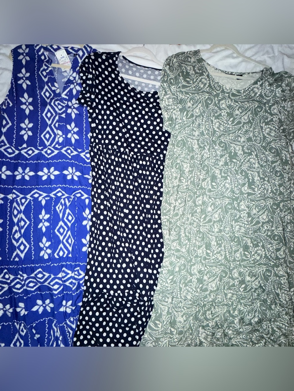 Three Patterned Midi Dresses - Blue Geometric, Navy Polka Dot, Sage Paisley